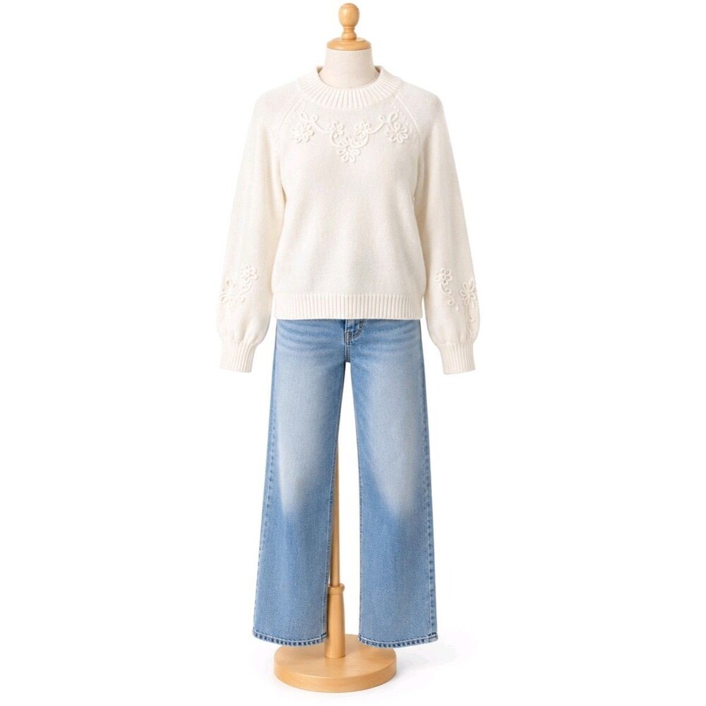LC Lauren Conrad Ivory Floral Embroidered Mock Neck Sweater Women's Small